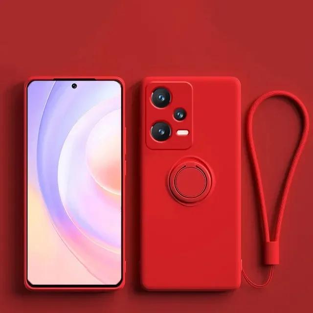 Liquid Silicone Phone Case For Xiaomi Redmi Note 15 14 Pro Plus + 13 Pro 12  5G 4G Metal Ring Holder Cover With Strap Etui Coque