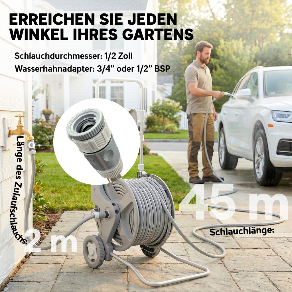 Hose Cart 45 m Hose Reel with 2 Spray Patterns, Tap Adapter Crank 2 Wheels 45 x 44 x 78 cm Gray