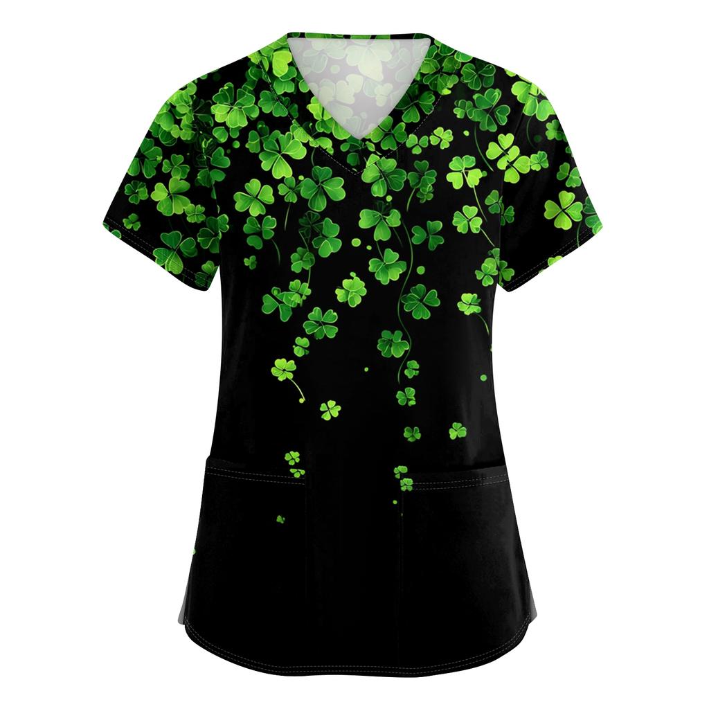 Women's V-neck St. Patrick's Day Printed Short-sleeved Pocket Side-slit Protective Suit Top