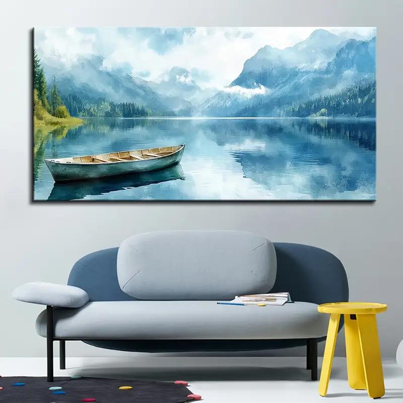 Płótno bez ramy o grubości 1,5 cala - Spokojne jezioro góry niebo krajobraz z obrazem łodzi, Nowoczesne dekoracyjne inspirowane naturą