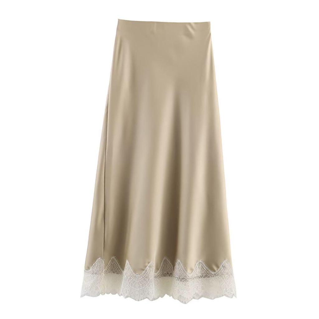 European Style 2025 Elegant Women's Silk Satin Midi Skirt