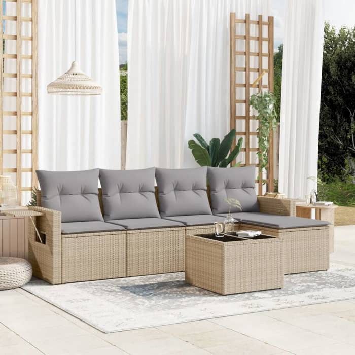 VidaXL Salon de Jardin avec Coussins 6 pcs, Canapés de Terrasse, Ensemble de Meubles de Patio, Mobilier d'Extérieur, Beige 3220098