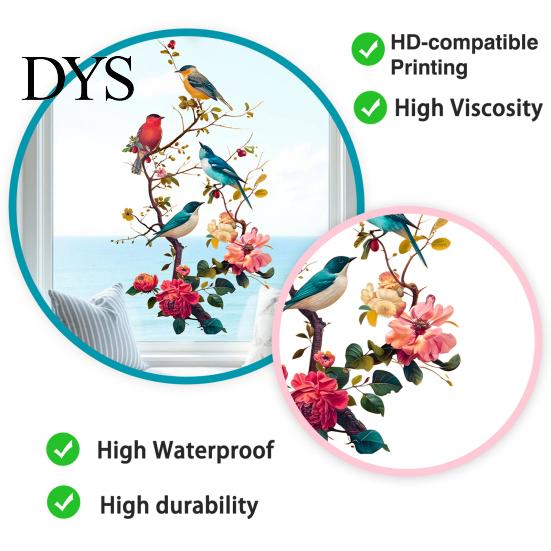 Creative Gifts for Window Decor Watercolor Bird And Flower Cling, Static PVC Waterproof Glass Sticker, Removable Art Pattern Stickers Decors,