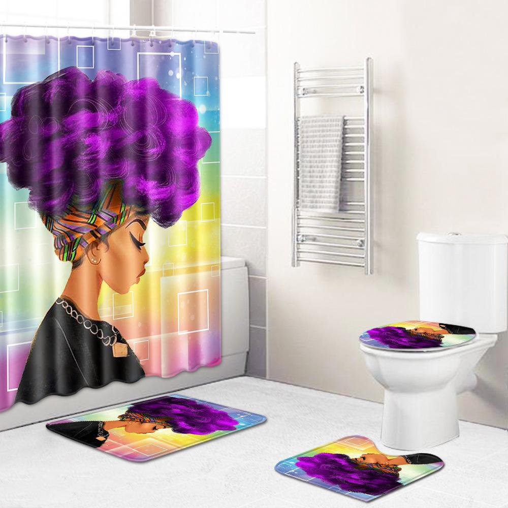 African American Women'S Bathroom Non-Slip Floor Mat, Shower Curtain Combination Carpet, European And American Wind Explosion Female Fixed Zhi