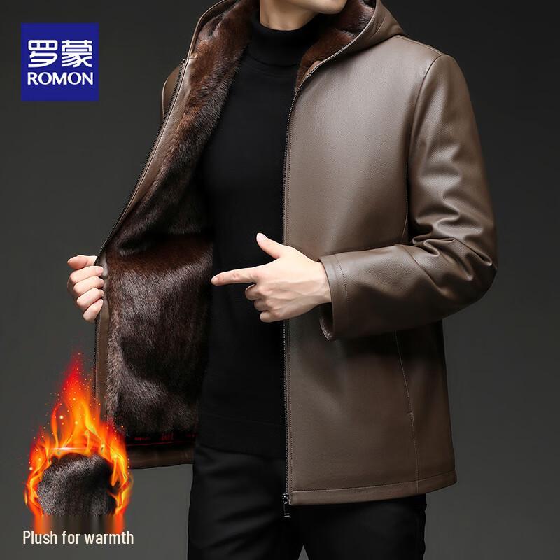 ROMON Men's Winter Thickened Hooded Faux Fur Lined Leather Jacket