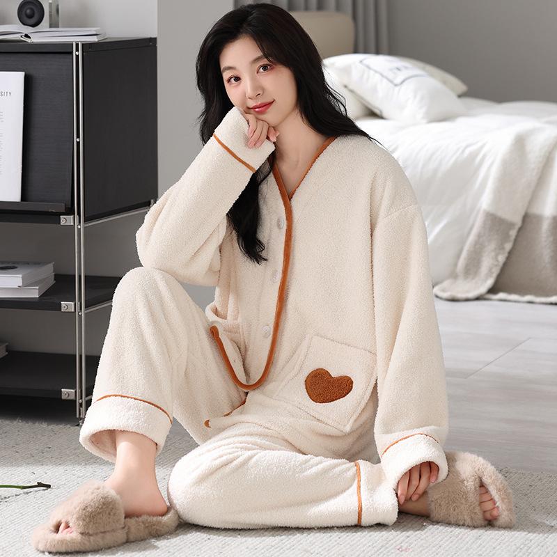 

Half Fleece Pajamas Women S Autumn And Winter Fleece Thickened Coral Fleece Long-Sleeved Loungewear Soft Cotton Set 2XL