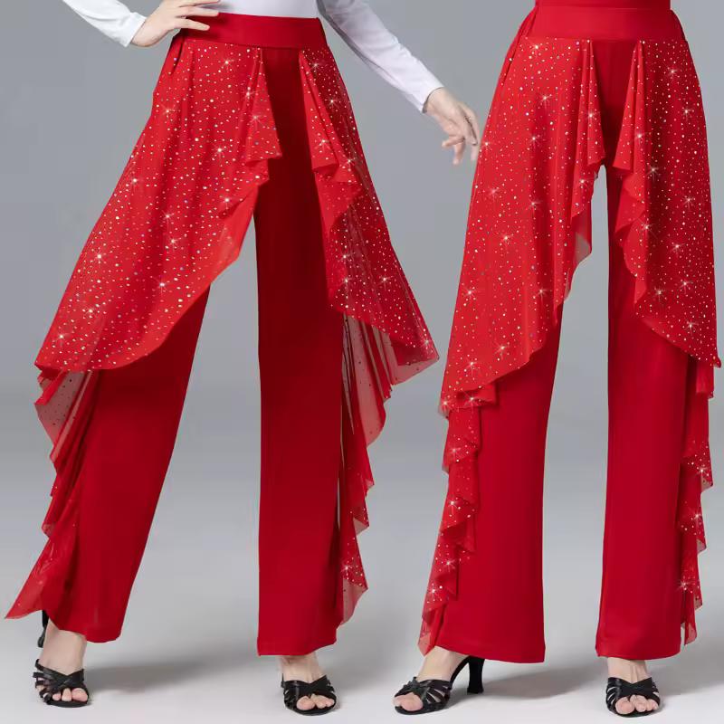 

Women Ice Silk Mesh Latin Dance Pants Plus Size Sorority Dance Wide-legged Pants Line Dance Costume 4XL червоний