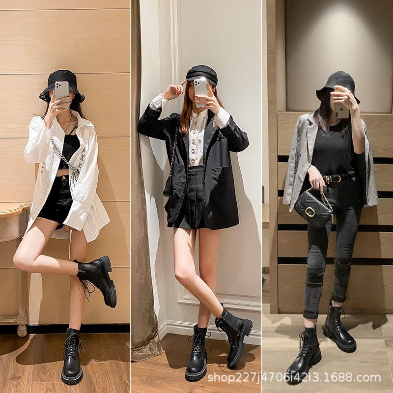 ~ Buty typu martensy damskie nowe zimowe wiatroszczelne średniej wysokości krótkie buty damskie na grubej podeszwie wszechstronne buty motocyklowe