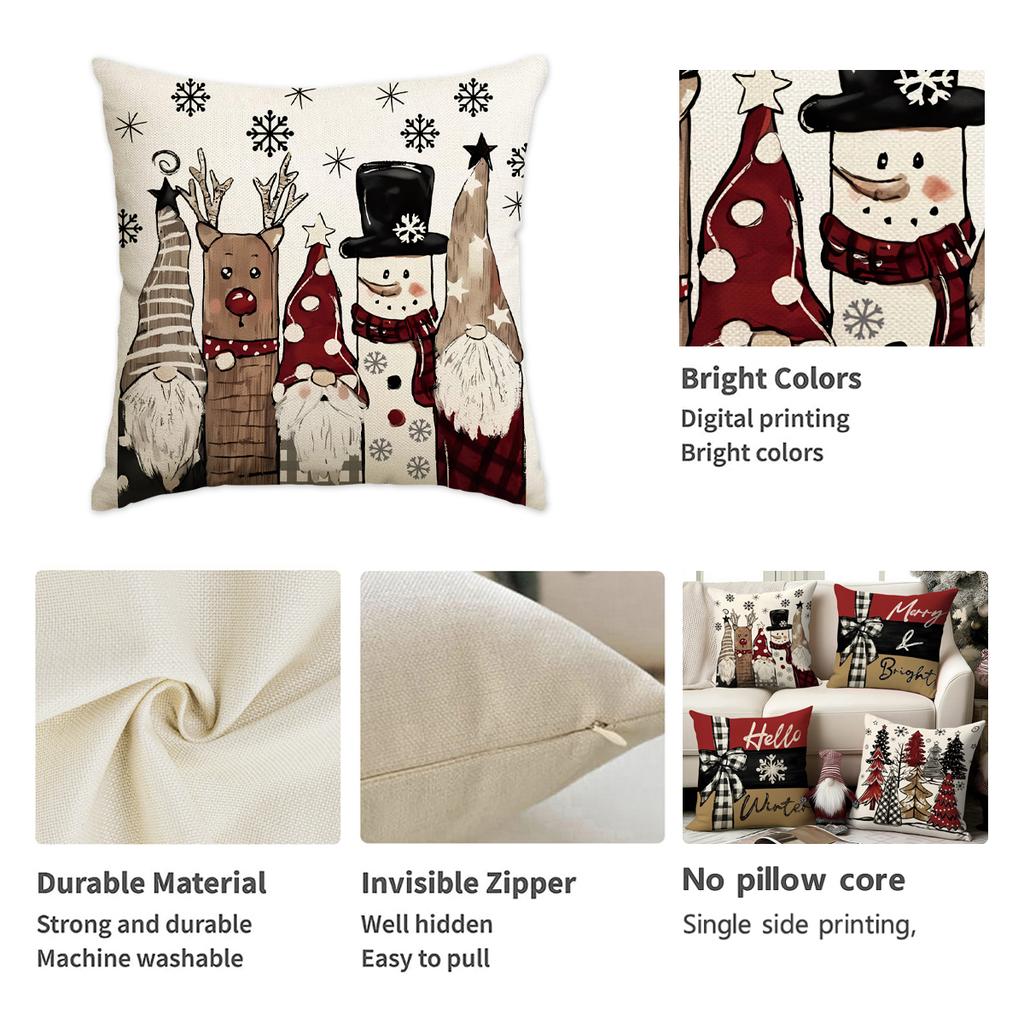 1/4Pcs Vintage Christmas Pillowcases, Christmas Tree, Christmas Elf Reindeer Design Cushion Covers, Winter Holiday Home Decor