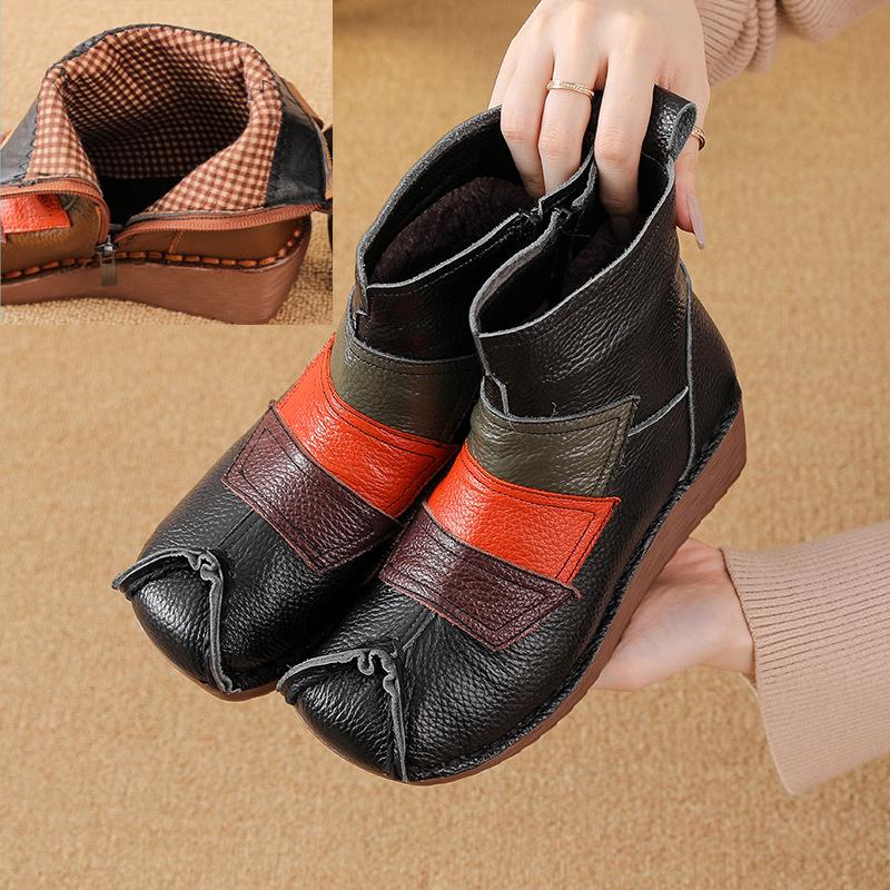 Johnature Ethnic Style Mixed Colors Genuine Leather Wedges Short Boots Warm Comfortable Women's Cotton Shoes