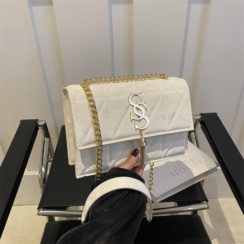 Summer Chain Simple Embroidery Thread Solid Color Trendy Casual Retro New One-shoulder Crossbody Small Square Bag for Women