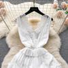 Summer Holiday Flower Embroidery Patchwork White Tank Long Maxi Dress Women's Sleeveless V Neck Lace Trims Hollow Out Beach Robe