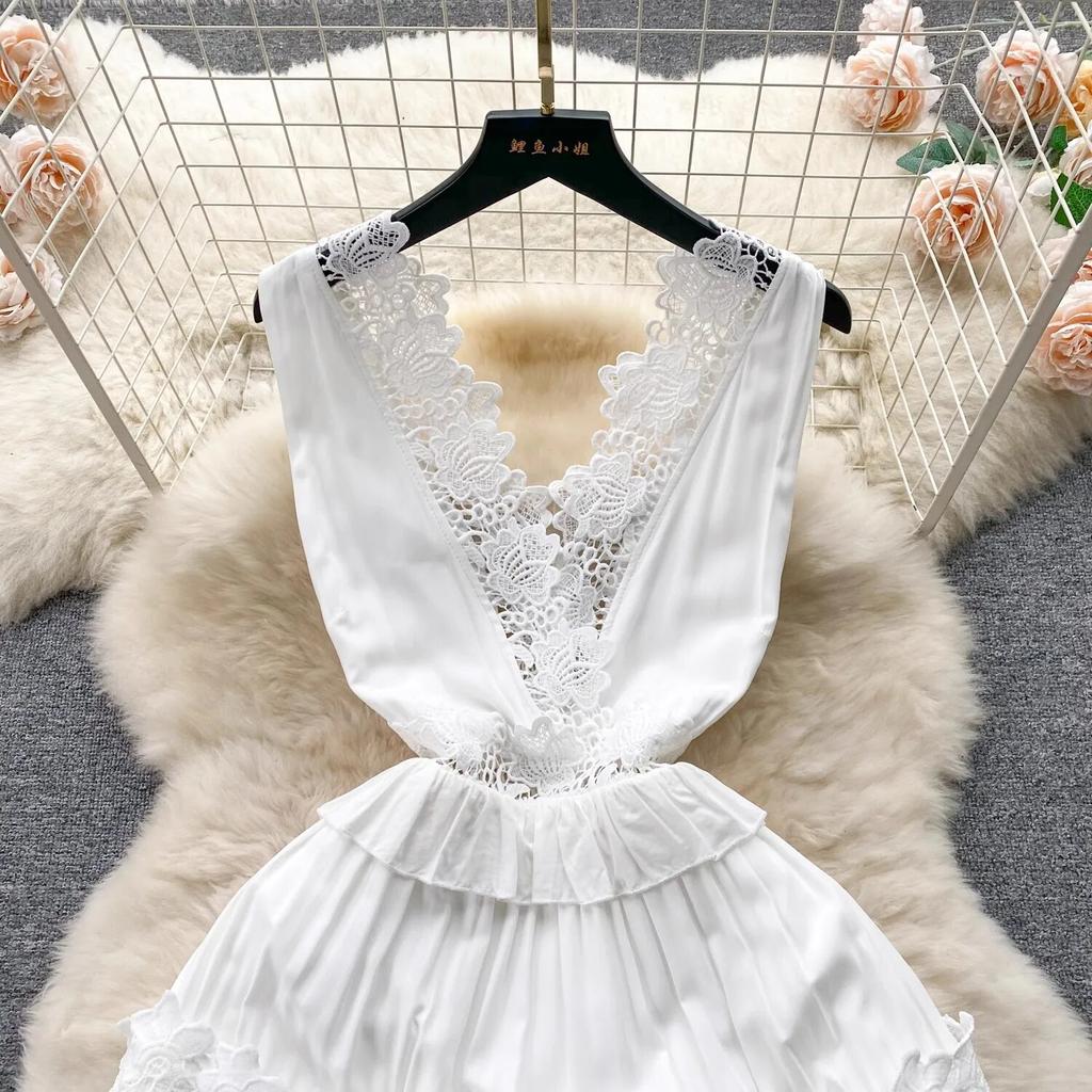 Summer Holiday Flower Embroidery Patchwork White Tank Long Maxi Dress Women's Sleeveless V Neck Lace Trims Hollow Out Beach Robe