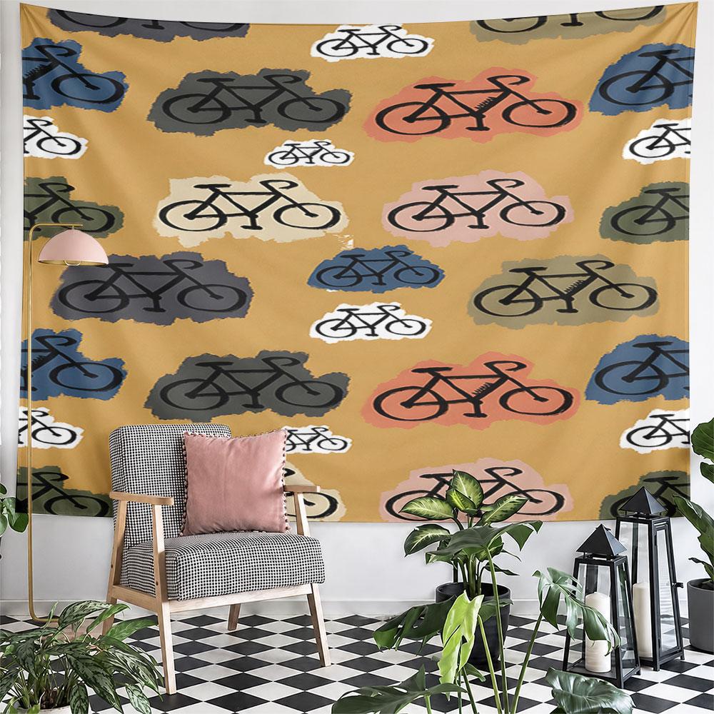 Colorful Bicycle Pattern On Yellow Background Pattern Wall Hanging Tapestry Decorative Tapestry Home Decor for Bedroom and Living Room
