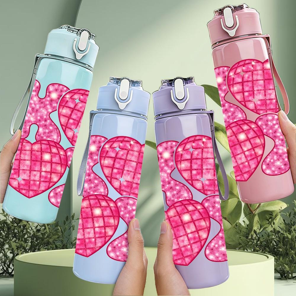 1PC Pink Leopard Glitter Texture Print 750ml Color Plastic Sports Water Bottle Leakproof Flip Straw Lid Suitable for Sports Office Home Use