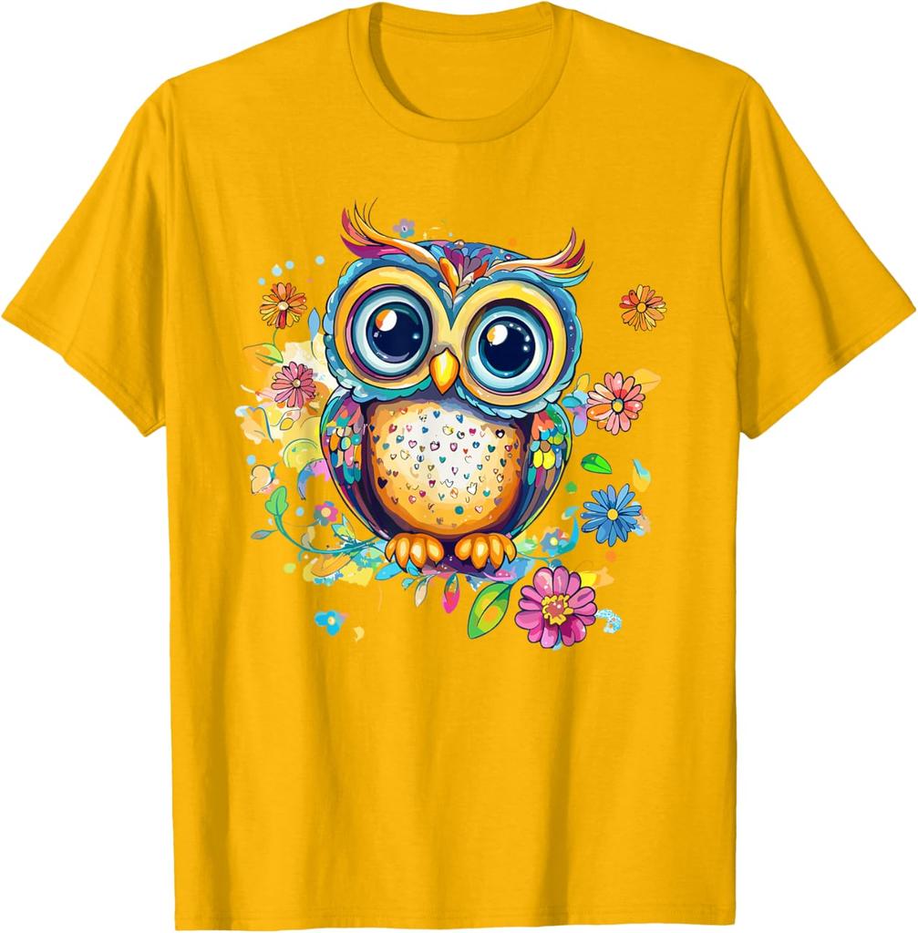 Vibrant Owl With Colorful Flowers Graphic T-Shirt Casual Cotton Print Crewneck Tee