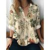 New Women's Long-sleeved Shirt with Colorful Flowers and Green Leaves Intertwined On Beige Base Fabric, Button-printed Shirt