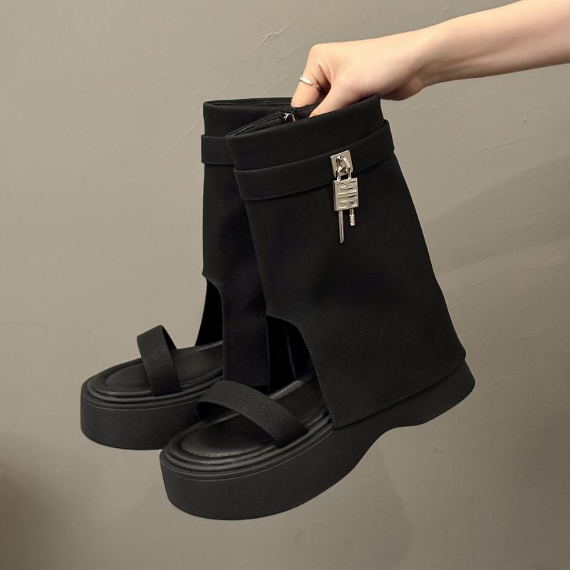 

Нишевый дизайнерский смысл толстоподошвенные сапоги-чулки с прямым голенищем сандалии женские 2025 лето новая мода универсальные повседневные крутые сапоги 40 чёрный