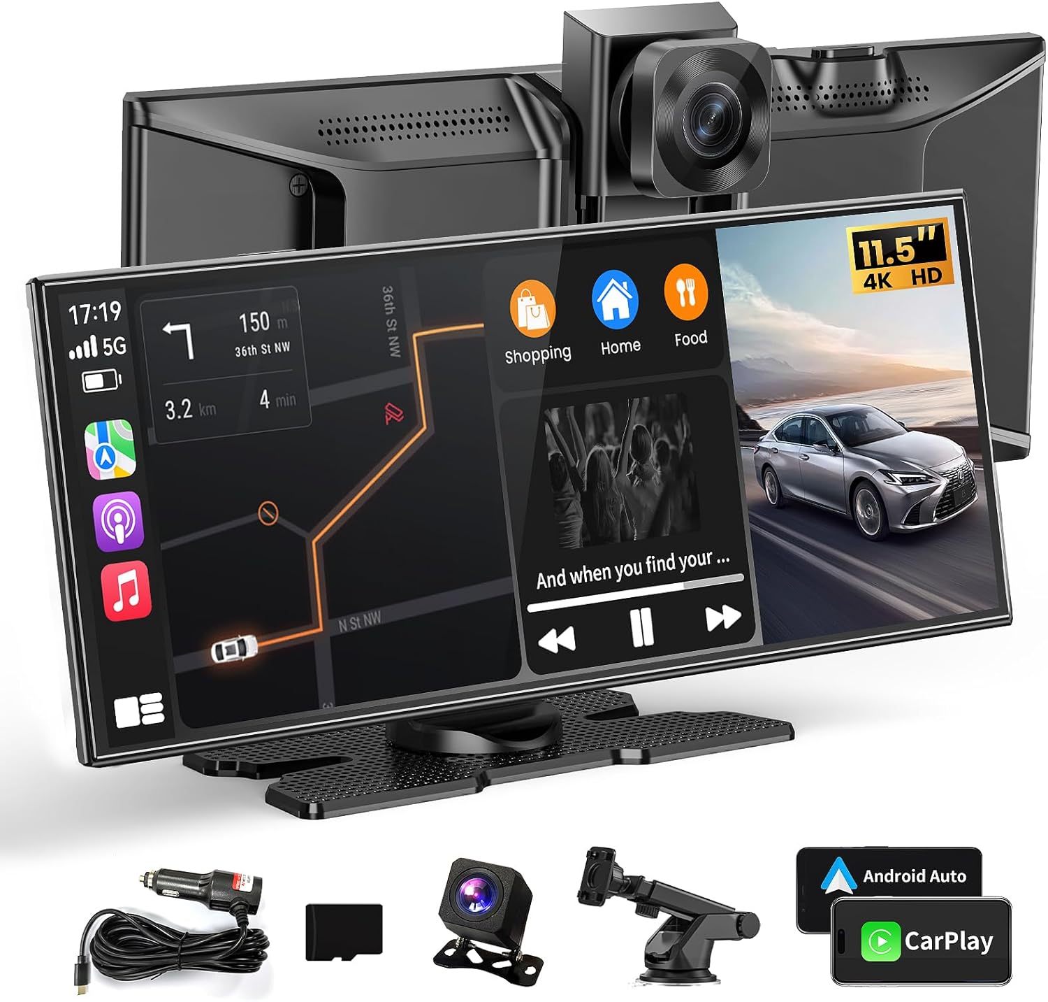 

11.5 Portable CarPlay Screen, 4K Wireless CarPlay & Android Auto, Touchscreen with Dash Cam, Backup Camera, GPS, FM, MirrorLink чорний