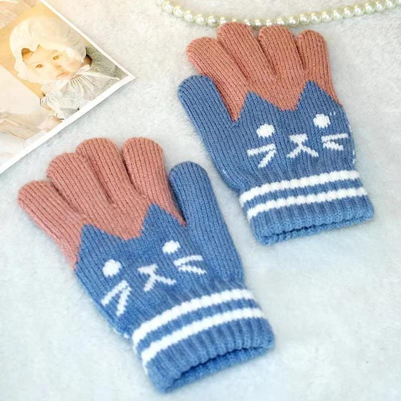 Winter Knitted Children's Gloves 4-10 Years Warm Soft Wool Cartoon Cat Kids Gloves Unisex Boys Girls Full Finger Mittens