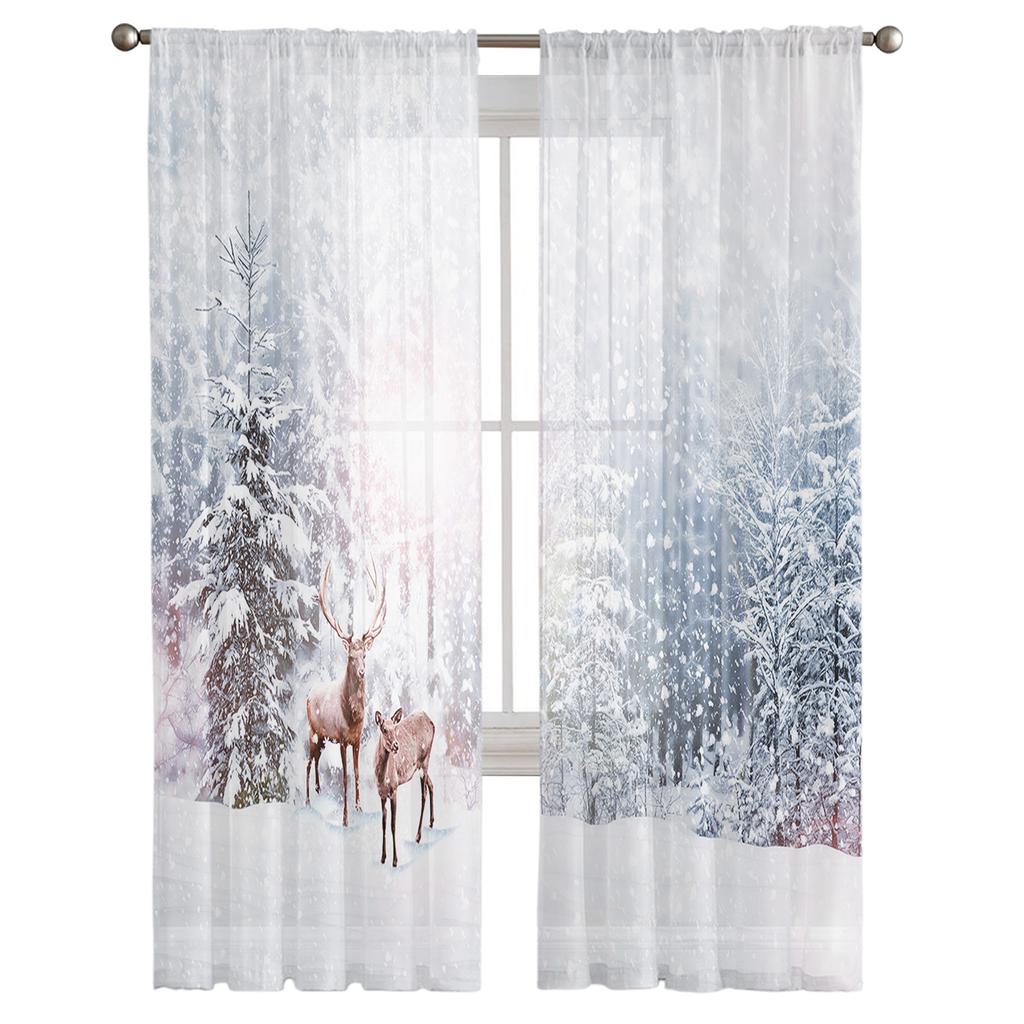 Snowing Winter Elk Christmas Tulle Curtains Living Room Decoration Bedroom Kitchen Window Treatment Sheer Made Of Polyester Area Decor