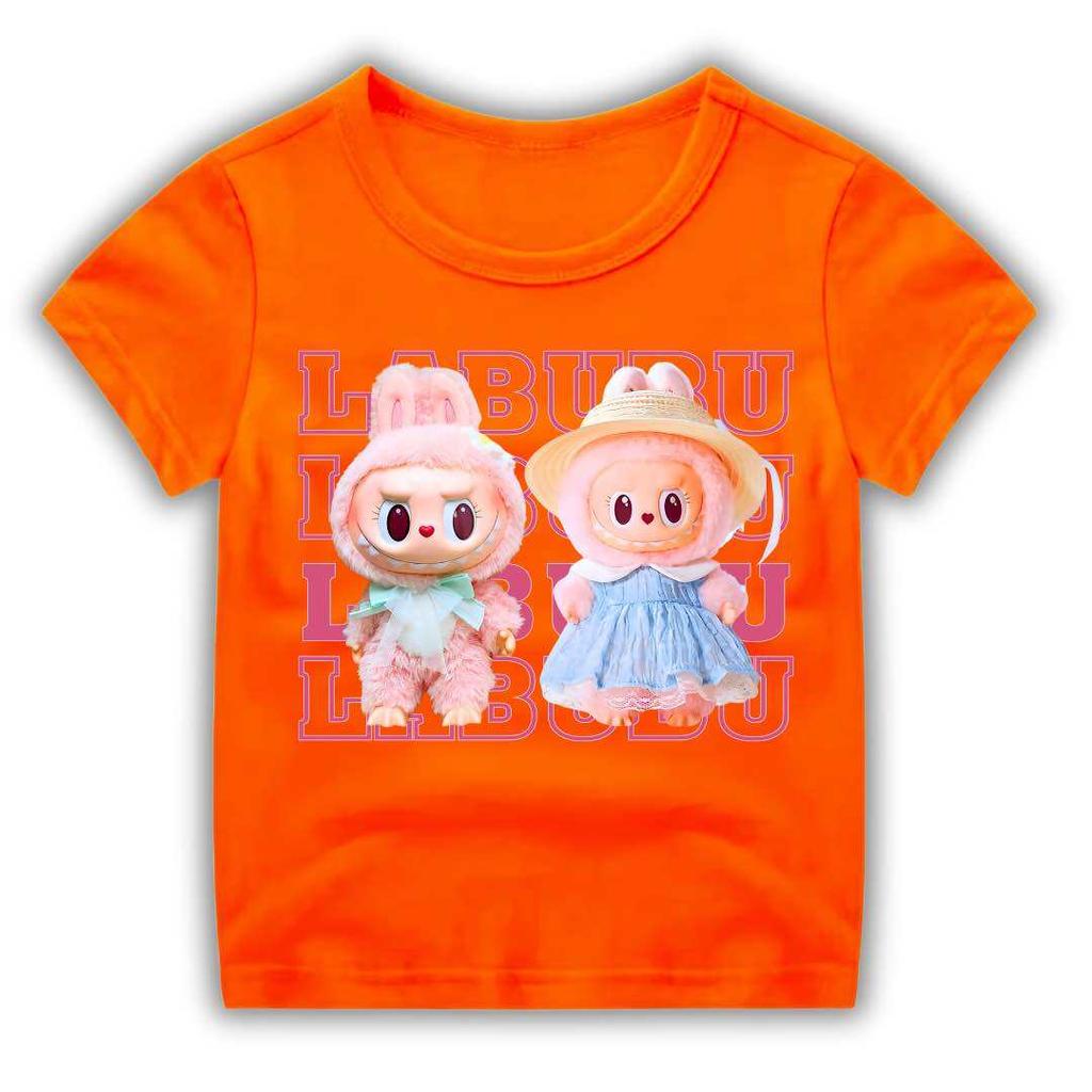 Summer LABUBU Pattern Children's T-shirt Cartoon Princess Skirt Labubu Printed Girl Round Neck Short Sleeve Casual Children's Top