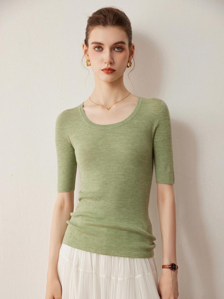 2026 Autumn/Winter Women's Slim Fit Five-Sleeve Wool Sweater, Round Neck