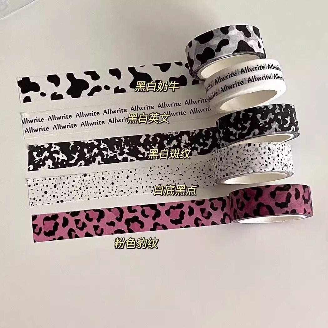 

5rolls Minimalist and paper tape, black and white cow hand account photo decoration sticker, leopard print dot stickers