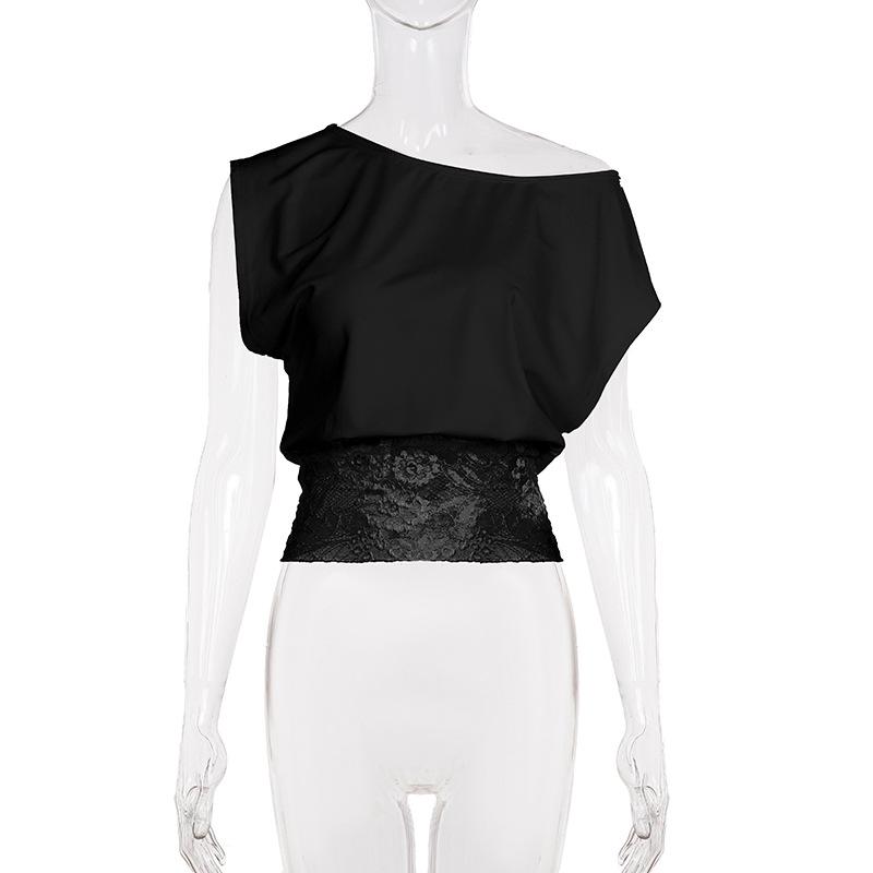 European Elegant Off-Shoulder Lace Patchwork Cropped Top - Slim-Fit Women's Style, Short-Sleeved.