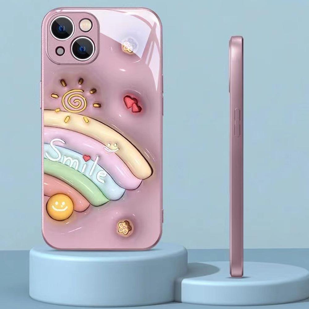 Tempered Glass+TPU Case for iPhone 14,Smile Face Rainbow Pattern Anti-drop Phone Cover