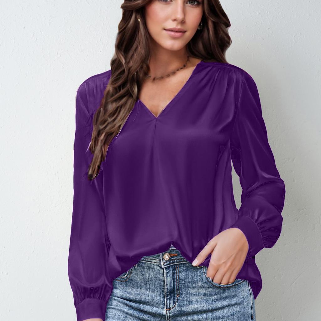 Women's satin pleated long-sleeved top with a V-neck, casual loose tinted commuter shirt