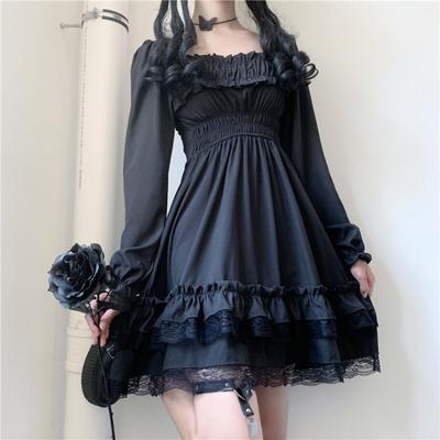 French Princess Puff Skirt Pure Desire Dull Black Square Collar Dress Long Sleeve Autumn Tied Waist-Fitted Slimming Lolita