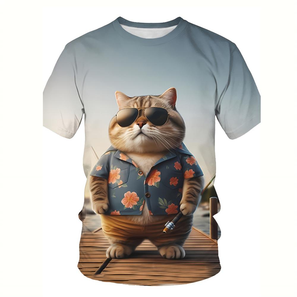 Summer Round Neck 3D Cute Cat Print Top Fashionable Casual Short Sleeved Men's T-shirts
