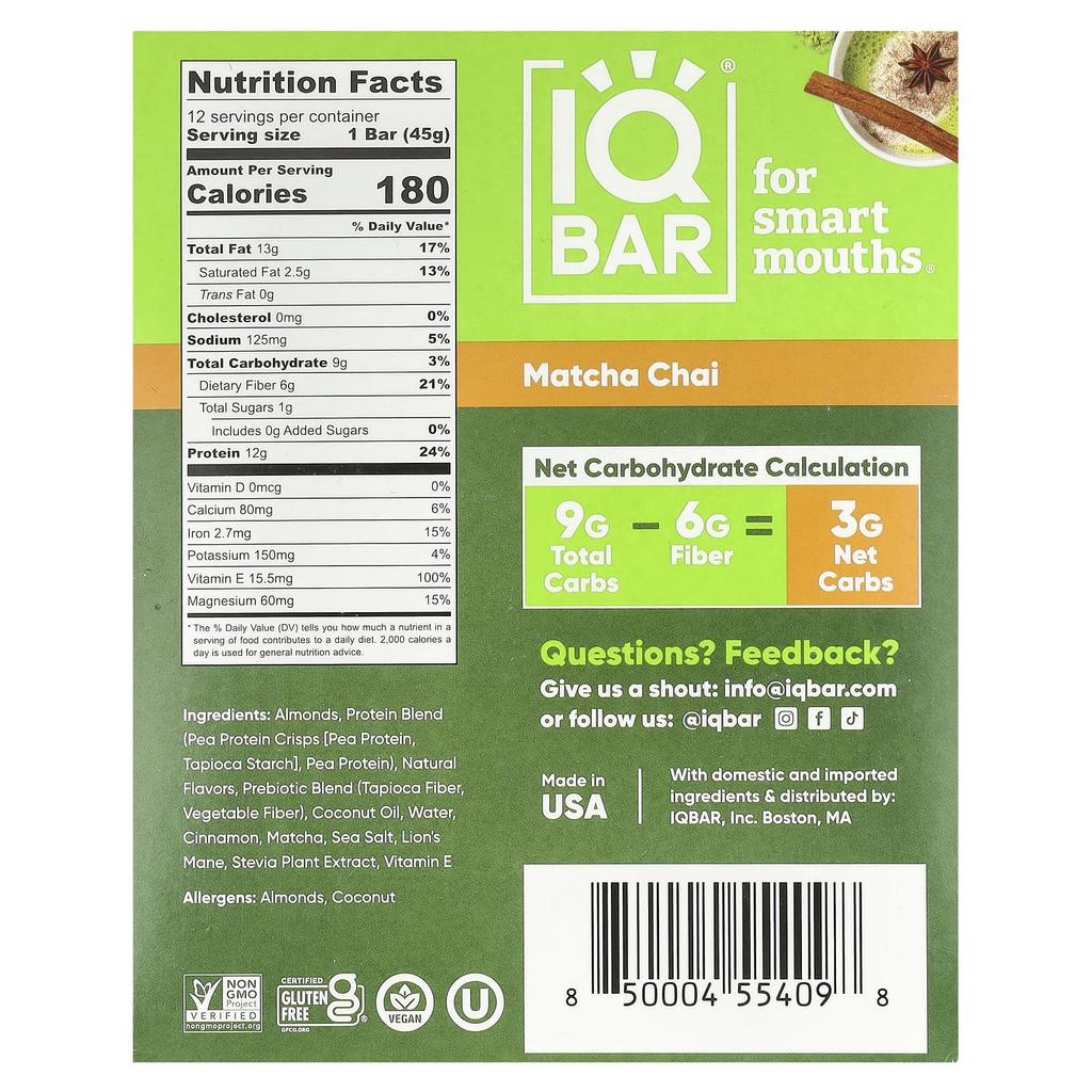 Plant Protein Bar, Matcha Chai, 12 Bars, 45G (1.6Oz) Each
