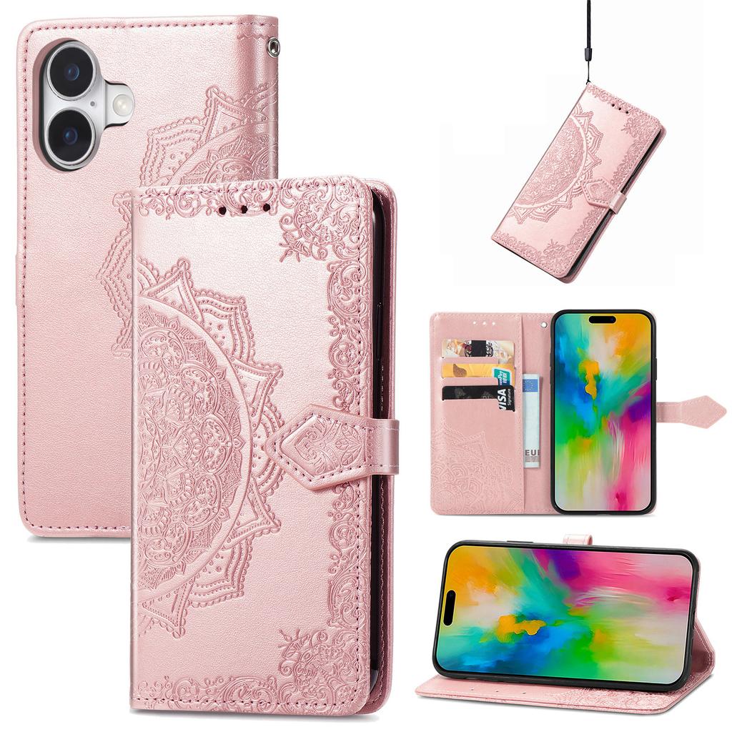 For iPhone 16 Plus Case Mandala Embossed Design Leather Wallet Phone Cover