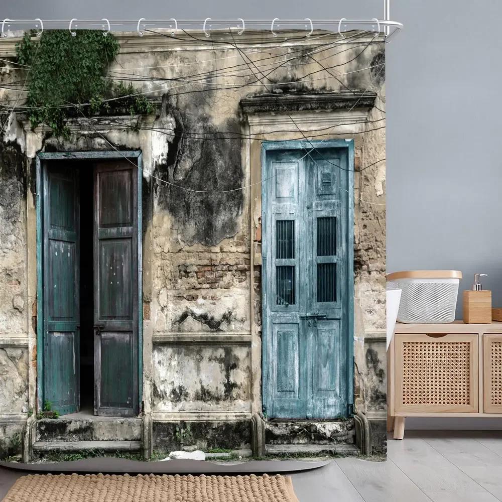 Retro Rustikale Holztüren Duschvorhänge Vintage Bauernhaus Scheune Alte Tür Heimdeko Wasserdichtes Polyester Badezimmer Vorhang Set