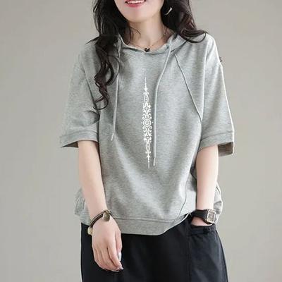 Koszulki Literackie Damskie z Kapturem Nadrukowane Topy Oversize Casual Luźne Koreański Styl Krótki Rękaw Retro Estetyczne Ubrania Trend