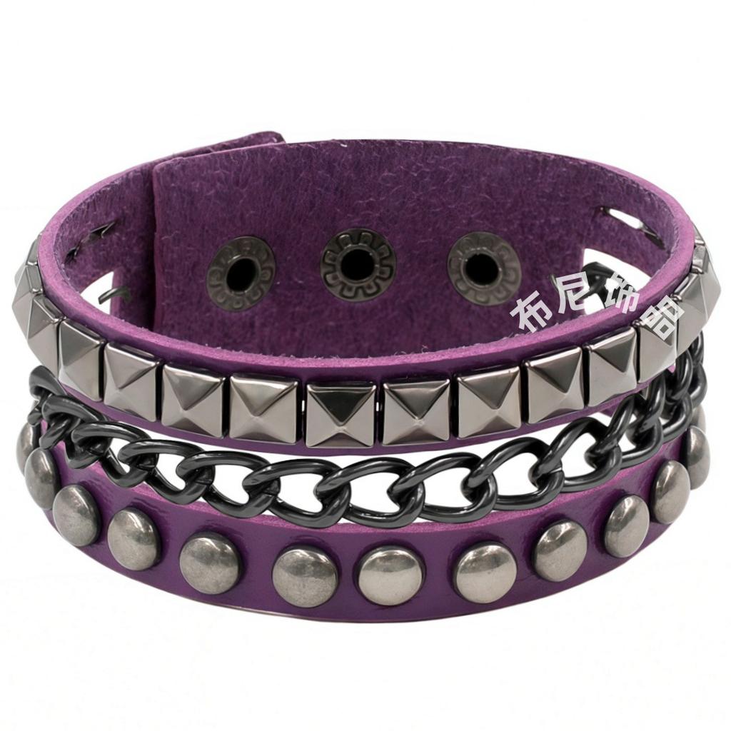 PU Leather European and American Punk Bracelet Dark Black Square Rivet Bracelet Non-mainstream Iron Chain Multi-layer Bracelet
