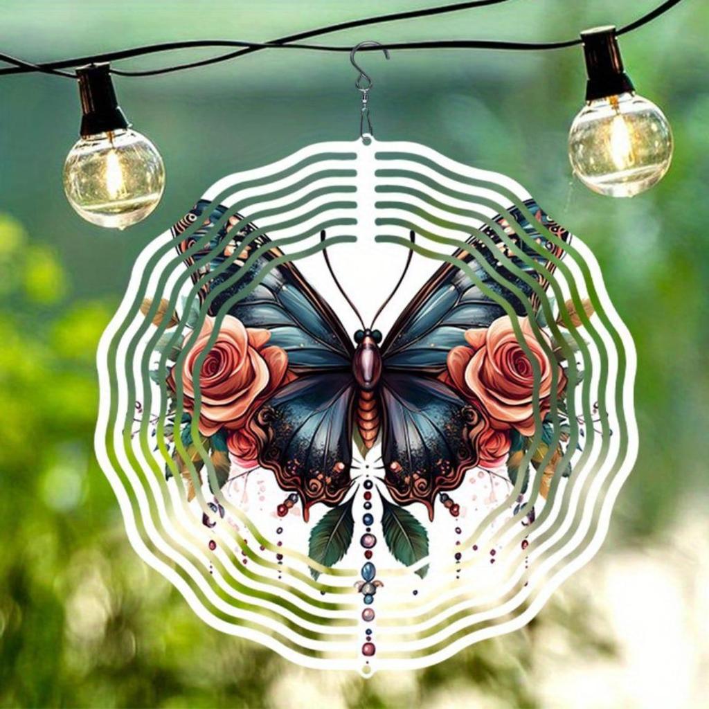 1pc Rose Butterfly 3D Wind Spinner Outdoor Decor for Garden Yard Art Universal Holiday Decoration with 360 Rotating Hook for Thanksgiving