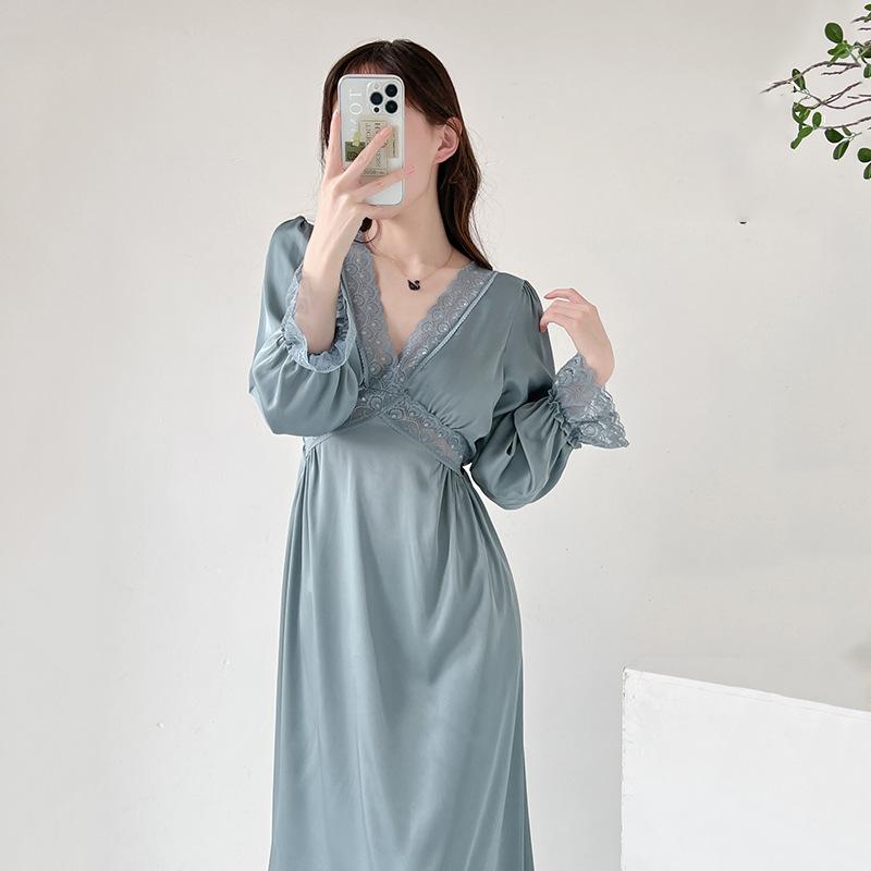 Spring and summer pajamas women's ice silk boyfriend wind 1011 new long-sleeved pure desire pajamas sexy lace dress