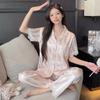 Sweet And Cool Girl Ice Silk Pajamas Women'S Summer Short-Sleeved Trousers Casual Lazy Style Loungewear Can Be Worn Outside