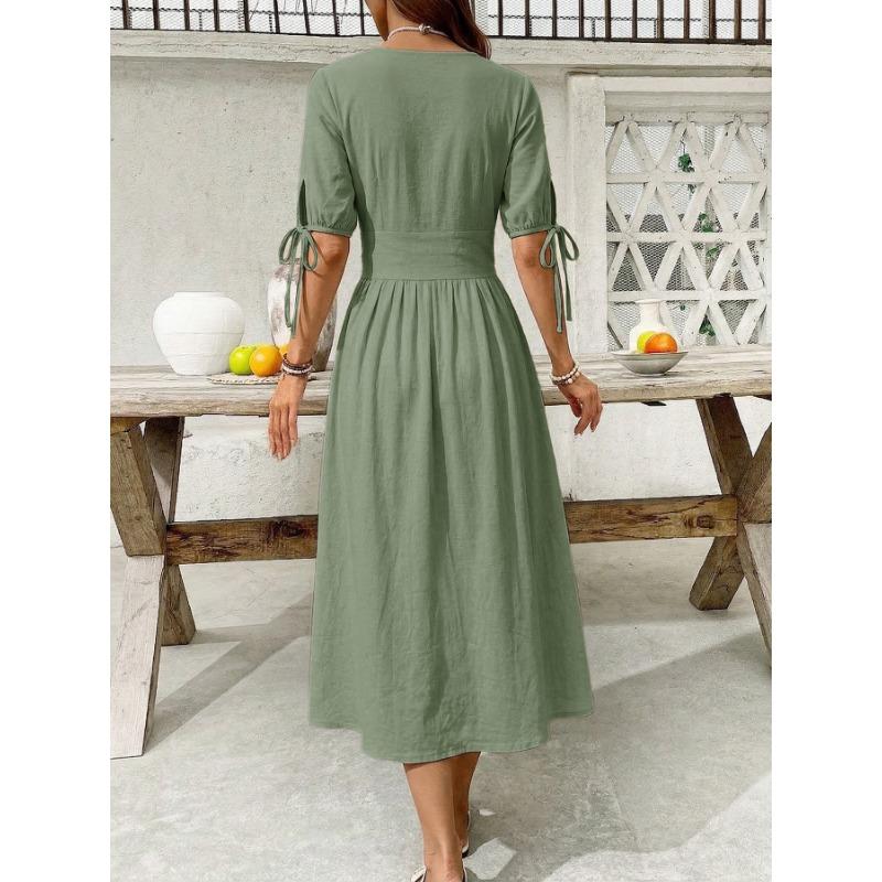 Abiti casual a vita alta con scollo a V a maniche corte con stampa tinta unita primavera estate moda donna