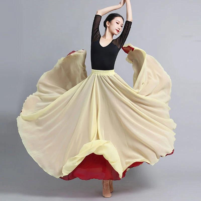 630 Degree Classical Dance Skirt Women Double-Side Chiffon Big Swing Skirt Belly Dance Costume Stage Performance Maxi Skirts