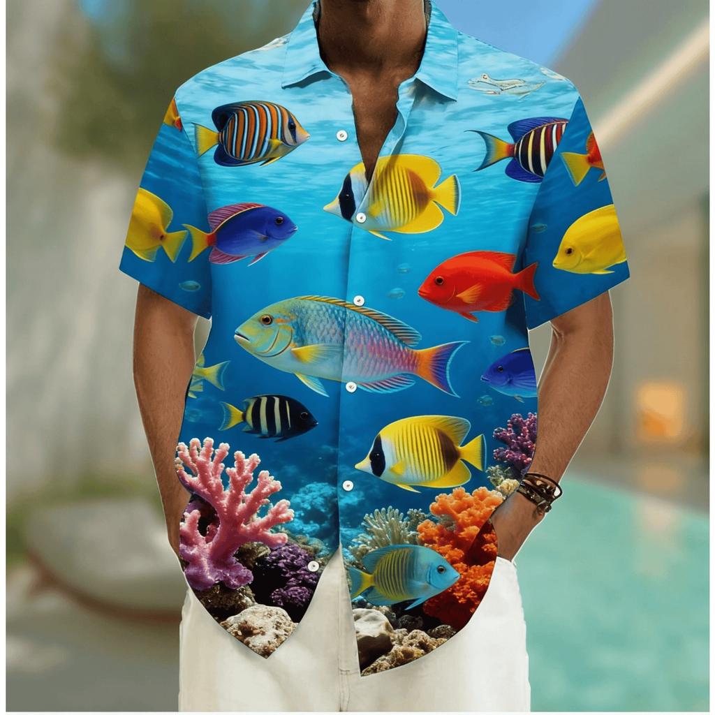 Men's Fresh Ocean Print Short Sleeve Shirt, Spring Summer Casual Hawaiian Vacation Blouse, Loose Casual Top