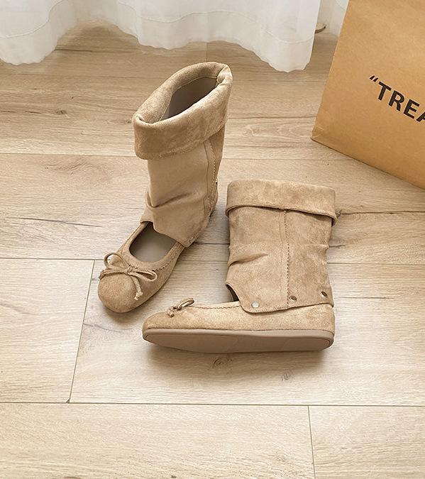French Round Head Bow Two Wear Stacked Pants Tube Boots Women'S Inner Height Increase Shallow Mouth Ballet Single Shoes Removable Cool Boots