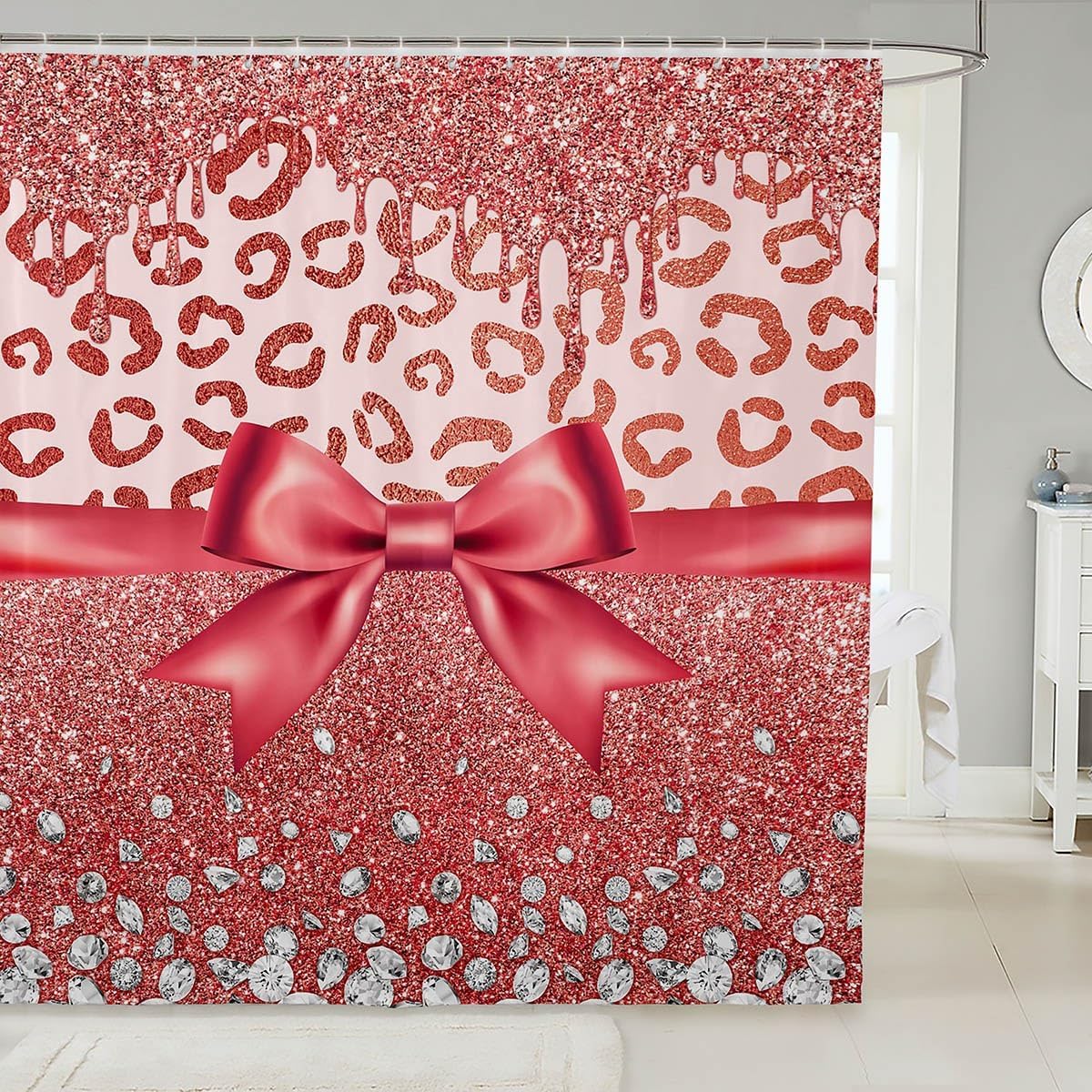 

Pink Bowknot Glitter Shower Curtain Abstract Leopard Cheetah Zebra Skin Girls Women Bow-Tie Shining Diamond Bathroom Curtain W60H190(CM)-1 Pcs