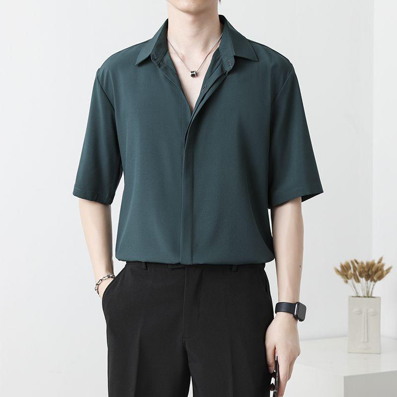 New Summer High End Handsome Fashion Cool Style Flip Collar Buckle Casual Loose Oversize Ice Silk Solid Color Shirt for Men