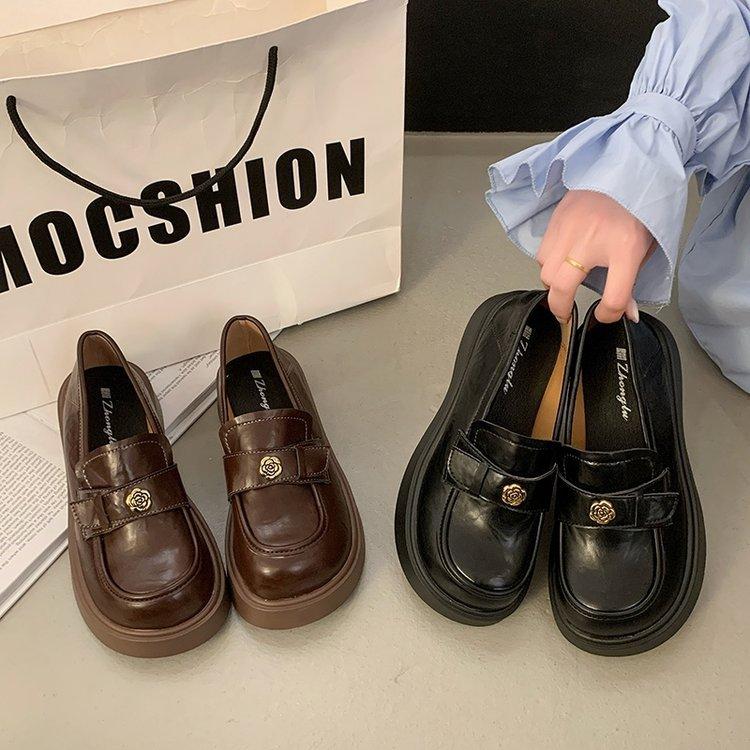 Round Head Brown British Style Thick Heel Platform Small Leather Shoes Women's 2025 Spring New French One-pedal Loafer Single Shoes Women