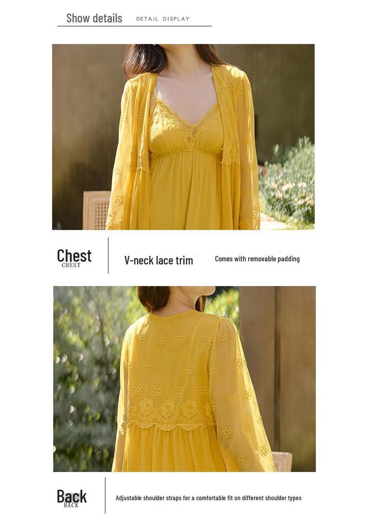 Women's Retro Princess Lace Camisole Dress with Built-in Bra - Spring/Summer Nylon Mesh Pajamas