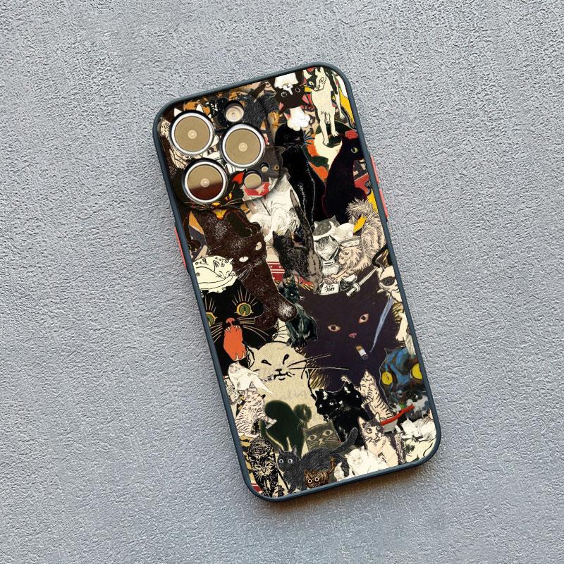 Retro Black Cat White Kitten Illustration Phone Case For iPhone 17 16 15 14 13 11 12 Pro Max Mini 15 16 Plus Case Cute Cartoon